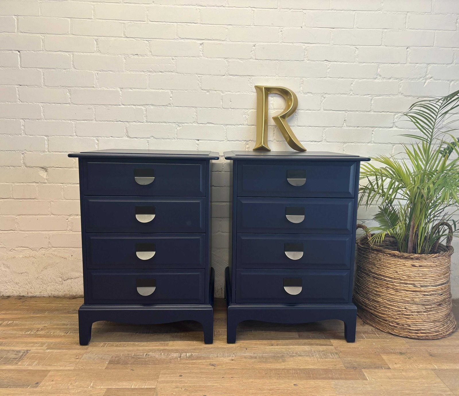 Stag Minstrel Pair (2) Of Bedsides Nightstands With Drawers Painted Dock Blue By Little Greene