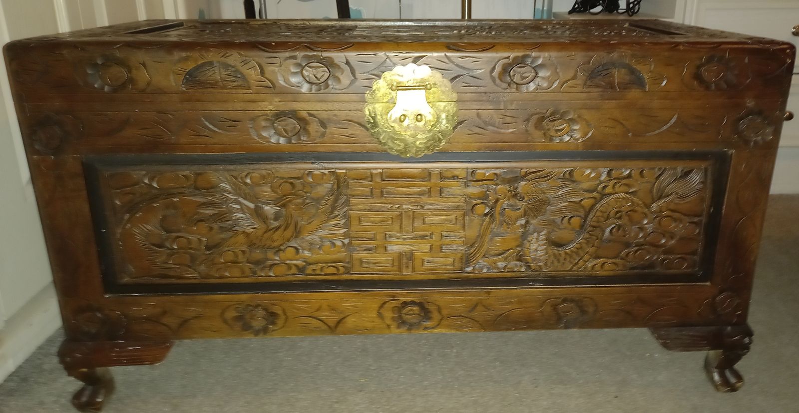 Antique Chinese Carved (Dragon & Pheonix) Camphor Wood Chest photo for sale