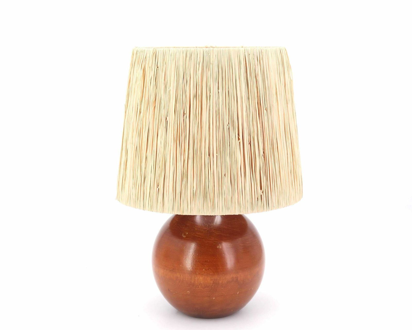Italian Wooden Table Lamp, Raffia Lampshade, 1970s / Sphere, Minimalist, Boho Chic, Folk photo furniture
