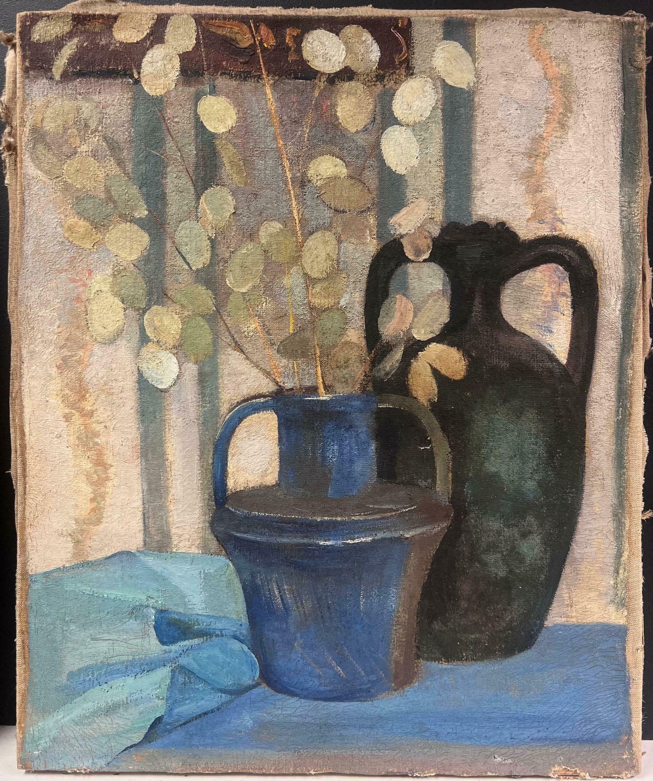 French 1930's1930's French Modernist Oil Painting Lunaria Honesty Plants Still Life Blue Jug1930's photo furniture