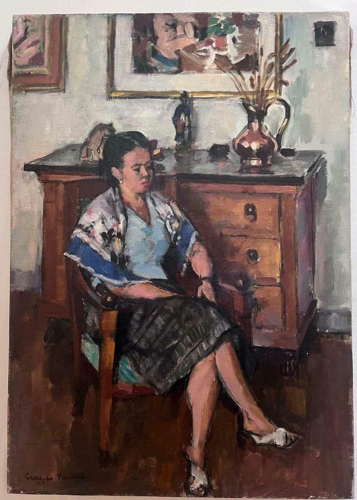 Georges Pacouil (1903 1996)fine Mid 20th Century French Signed Oil Lady Seated In Interior Room Setting1950's photo furniture