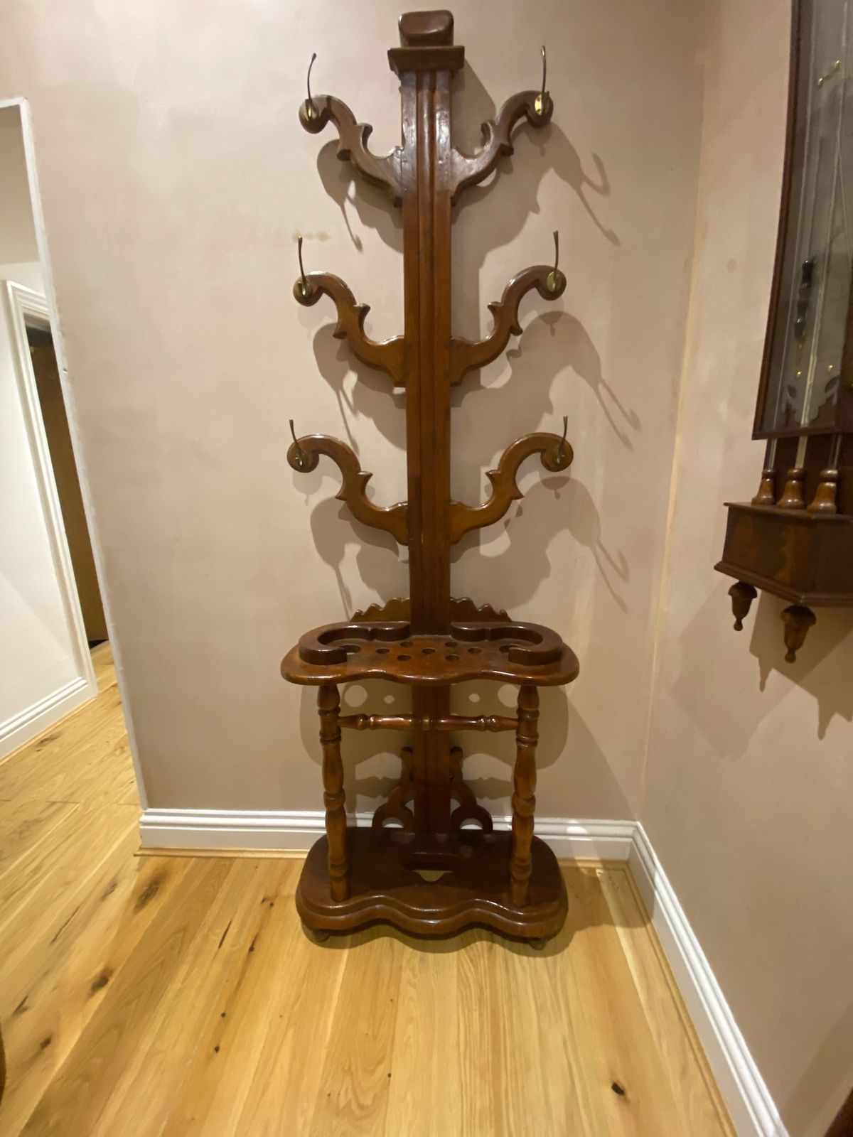 Antique Wooden Hall Stand With Hooks And Umbrella Holder photo furniture