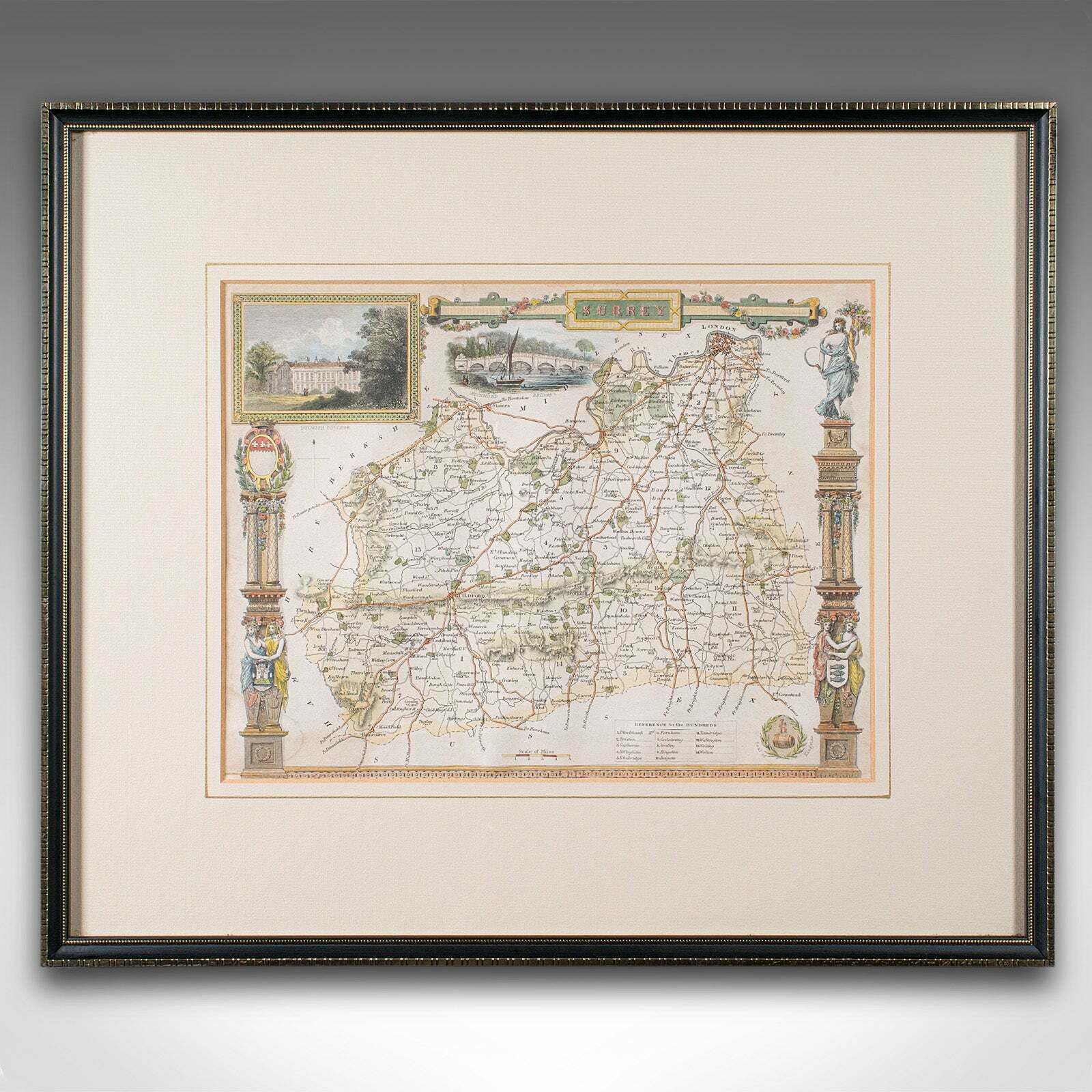 Antique County Map, Surrey, English, Framed Lithograph, Cartography, Victorian photo furniture