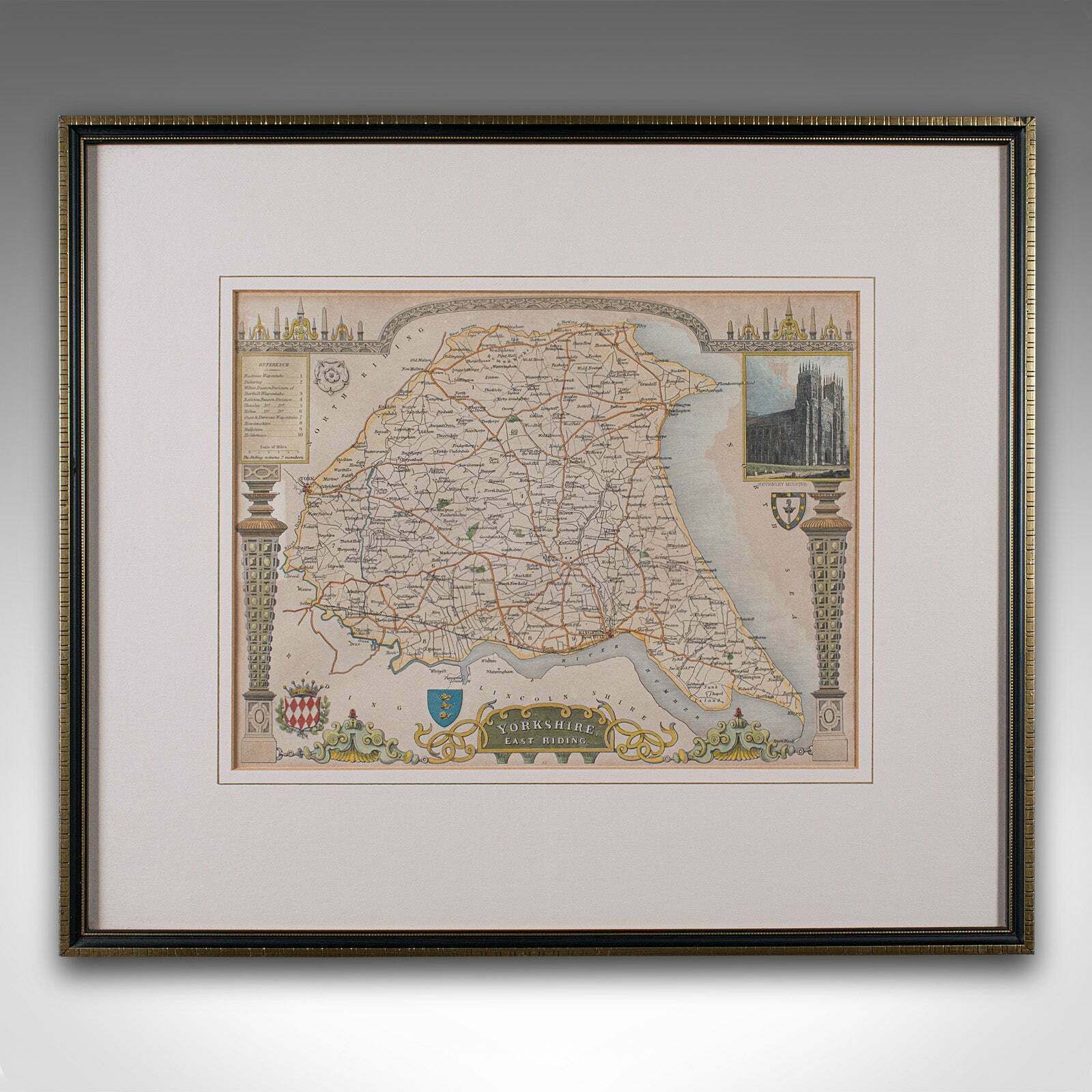 Antique East Yorkshire Map, English, Framed Lithograph, Cartography, Victorian photo furniture