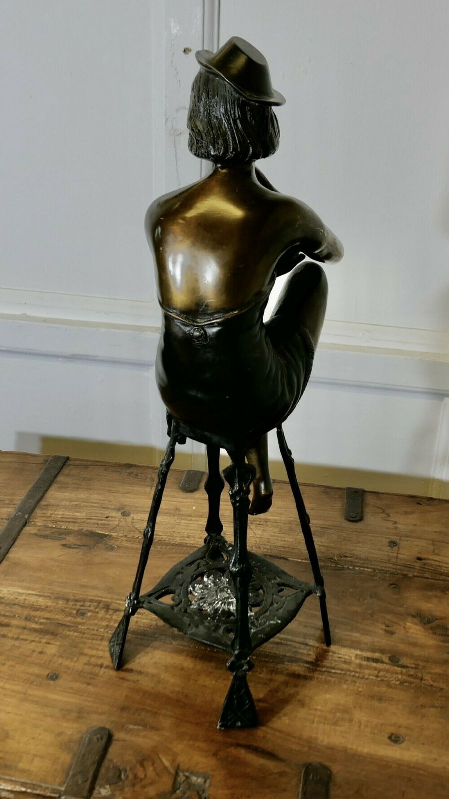 Bronze Statue Of A Girl On A Stool Drinking Champaign photo Art