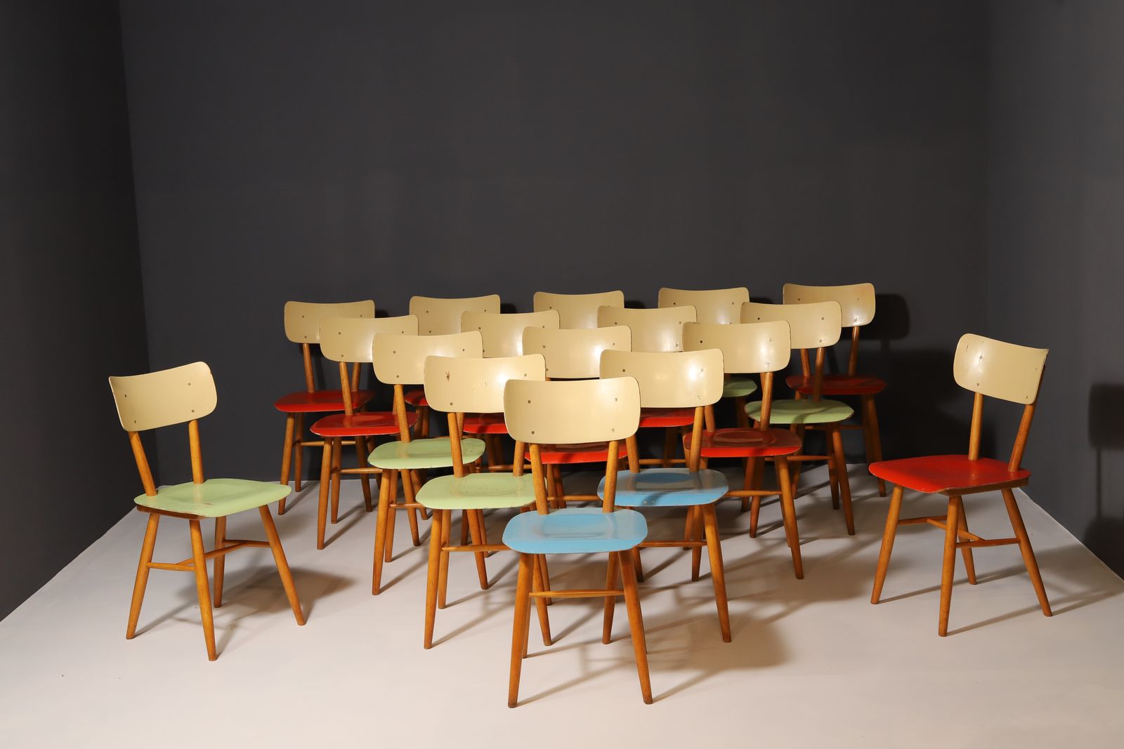Mid Century Color Dining Chairs By Ton, 1960´S, Czechoslovakia, Set Of 18