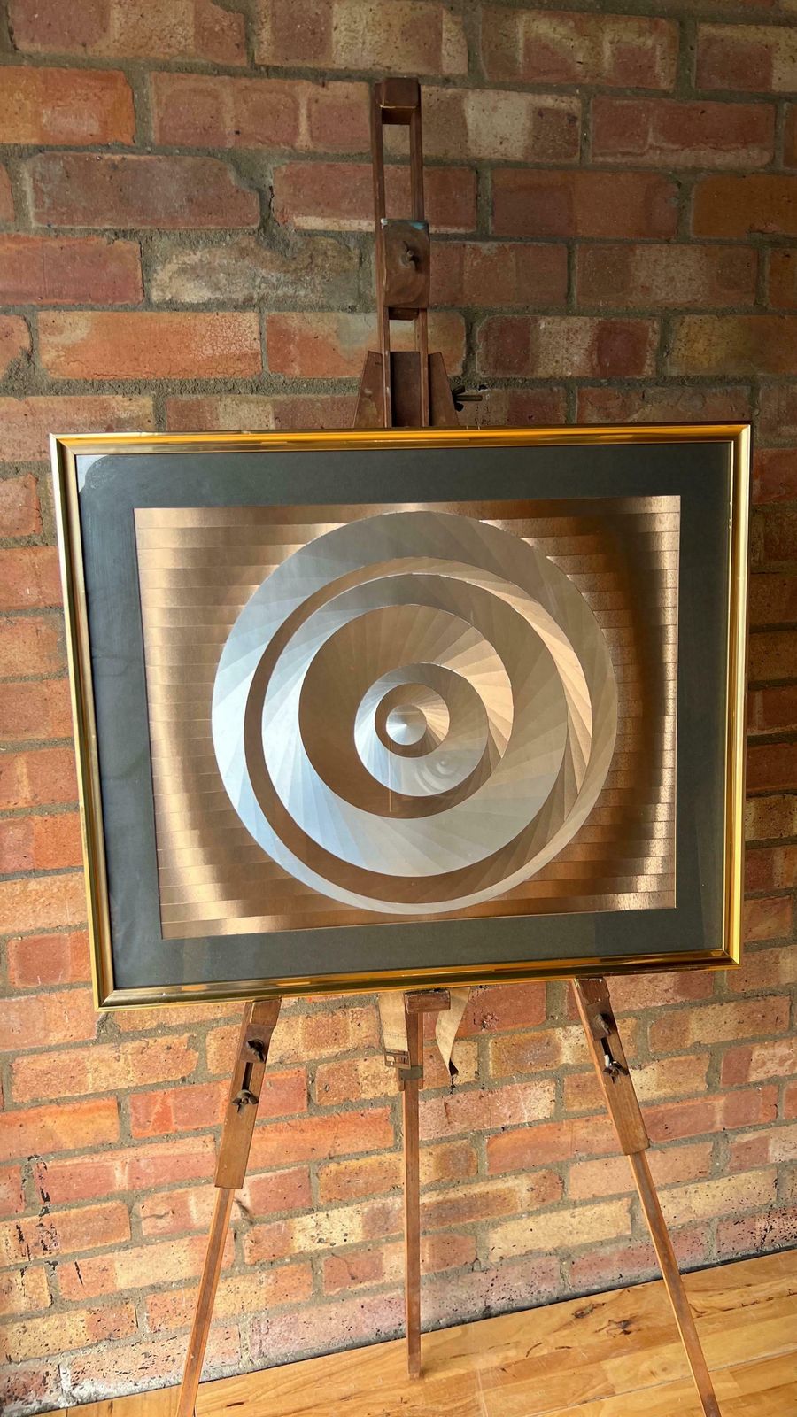 Mid Century Modern Abstract Kinetic Optical Silver And Gold Foil Artwork Picture Depicting Eccentric Circles photo furniture