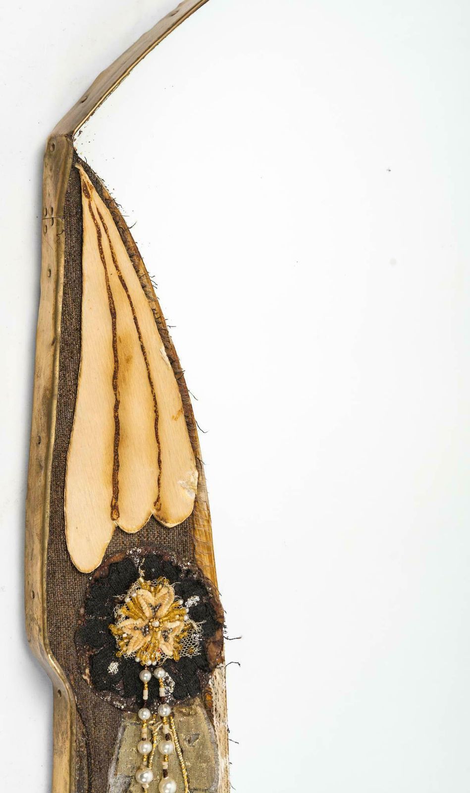Art Nouveau Period Mirror In Wood Covered With Antique Trimmings And Embroidery. photo vinterior