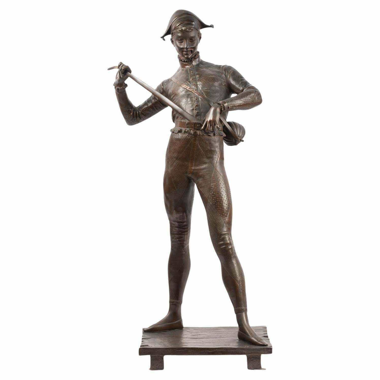 A Large Bronze Sculpture Of The Harlequin By Paul Dubois, 19th Century.