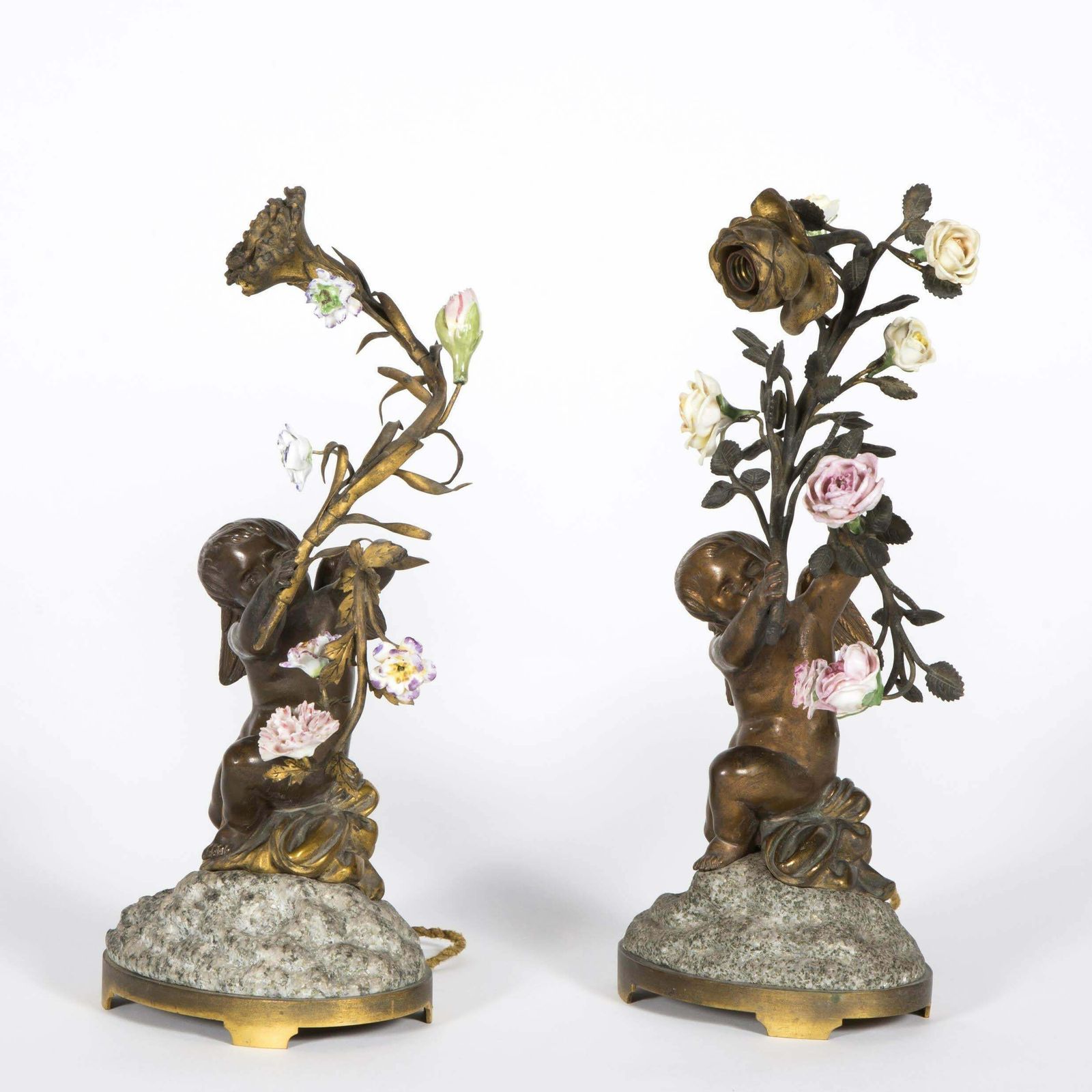 Pair Of Table Lamps In Patinated Bronze, Porcelain And Granite,  19th Century. photo furniture