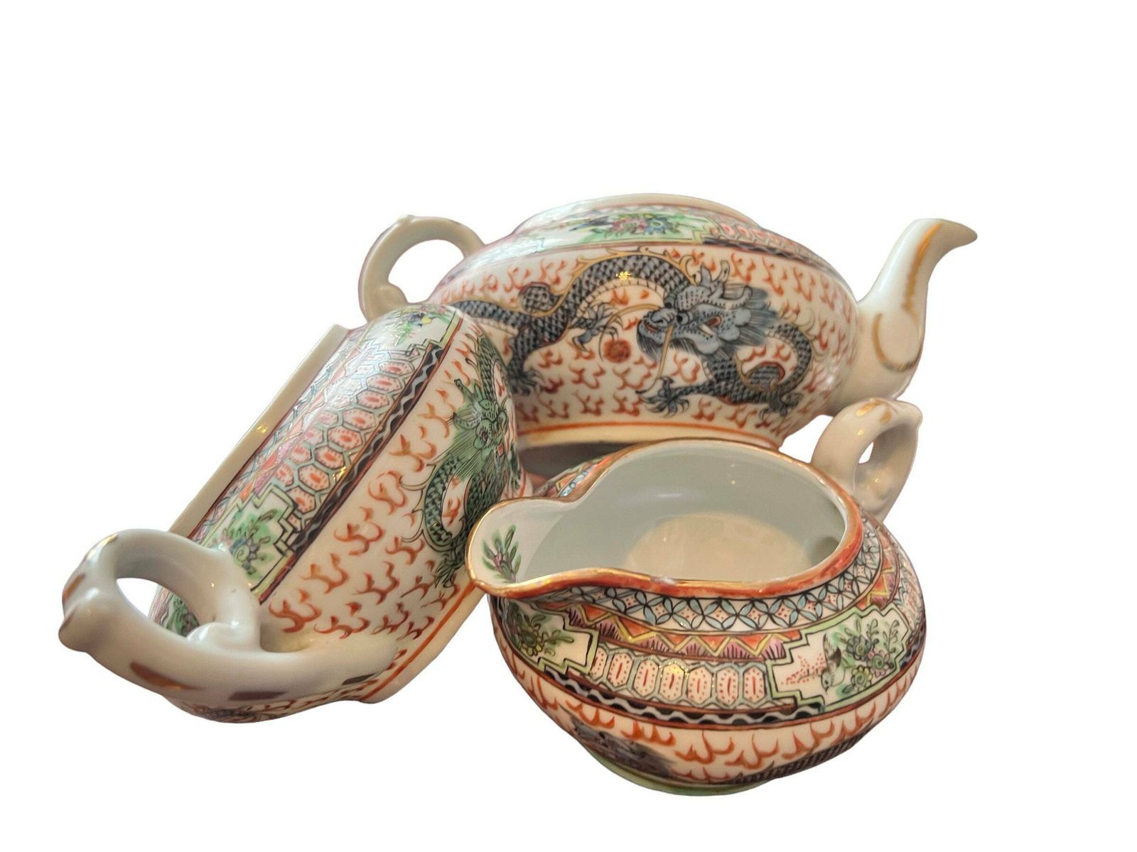 Chinese Famille Rose Porcelain Dragon Teapot Set