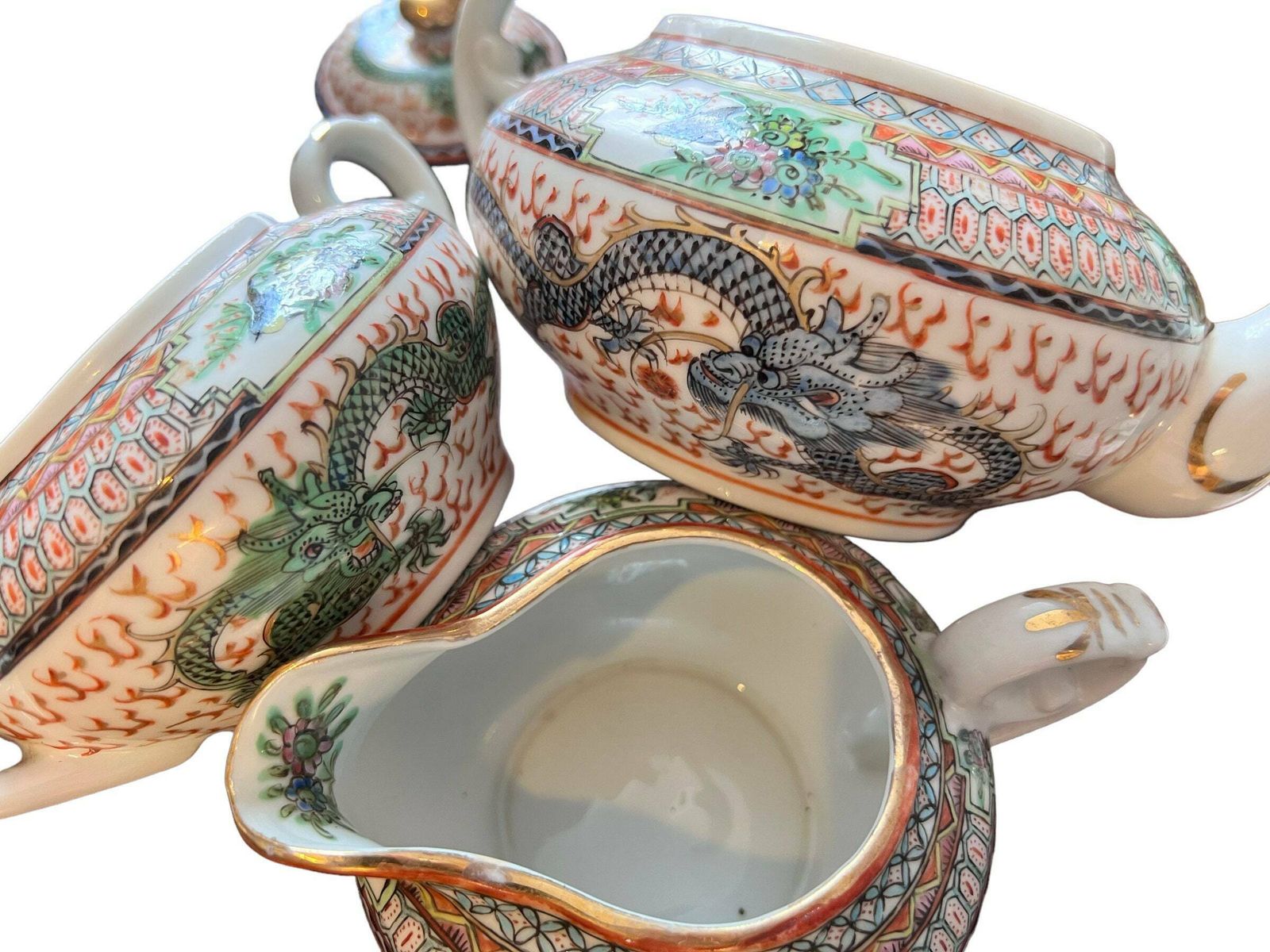 Chinese Famille Rose Porcelain Dragon Teapot Set photo furniture