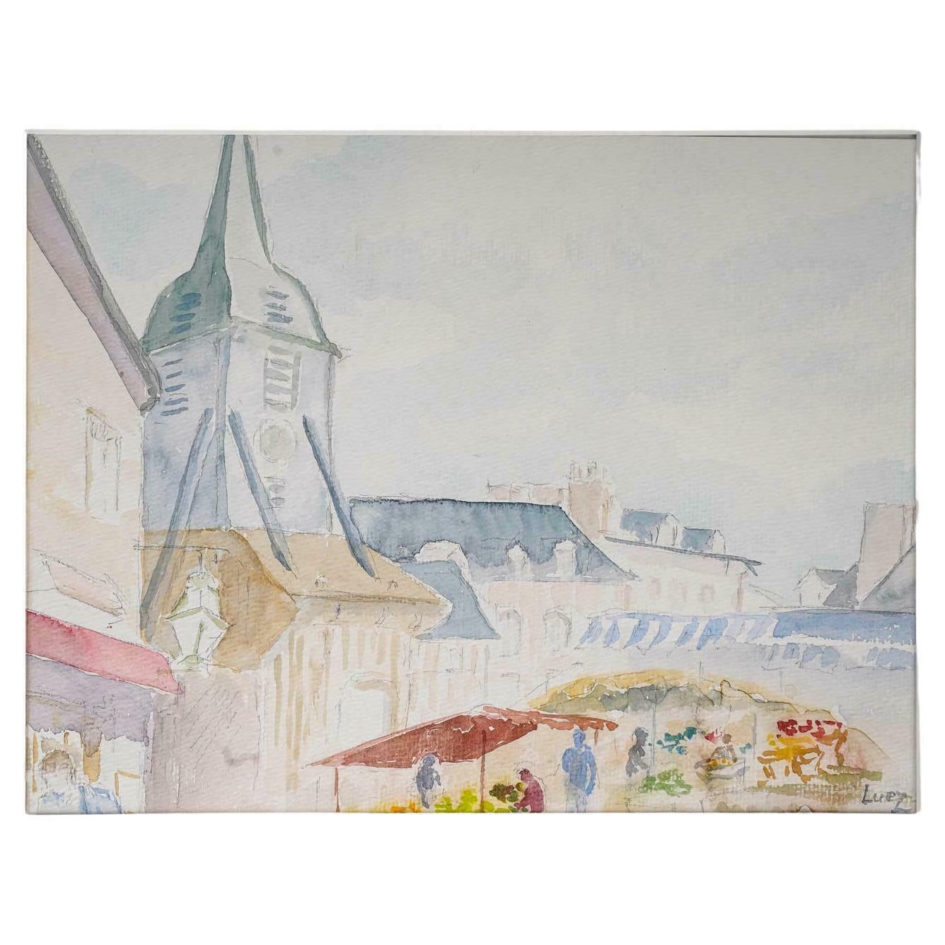 Watercolour Of A Village Church And Market, 20th Century.