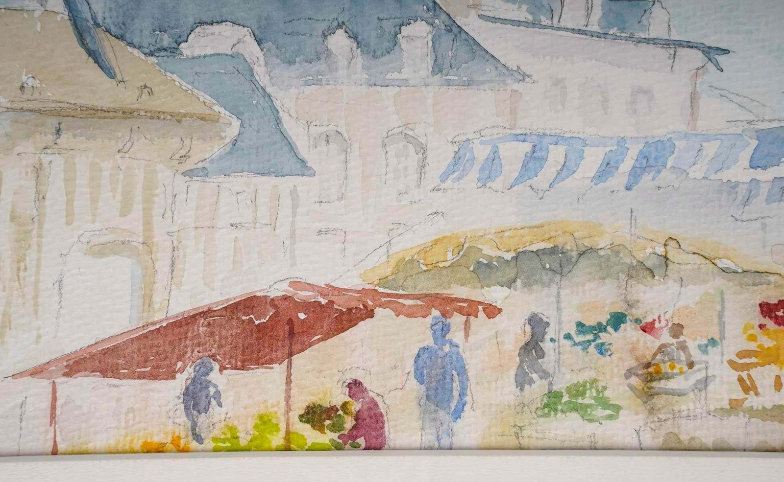 Watercolour Of A Village Church And Market, 20th Century. photo furniture