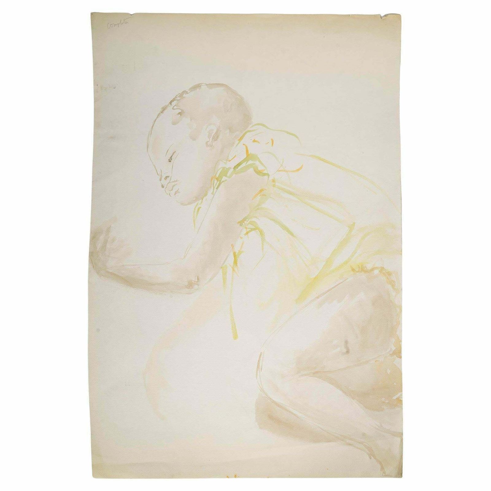 Watercolour Of A Sleeping Baby In A Dress By Evelyne Luez, 20th Century.