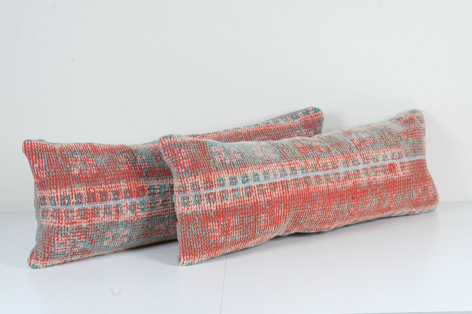 Turkish Oushak Pillow Cover, Set Of Two Red Queen Boho Woven Bedding Kilim Pillow Cover, Oversize Turkish Carpet  14'' X 35'' photo for sale