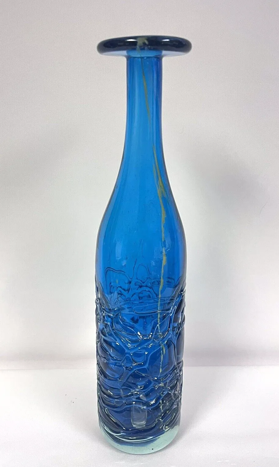 Vintage 1970s Tall Handblown Blue Glass Threaded Bottle Vase Mdina Malta photo vinterior
