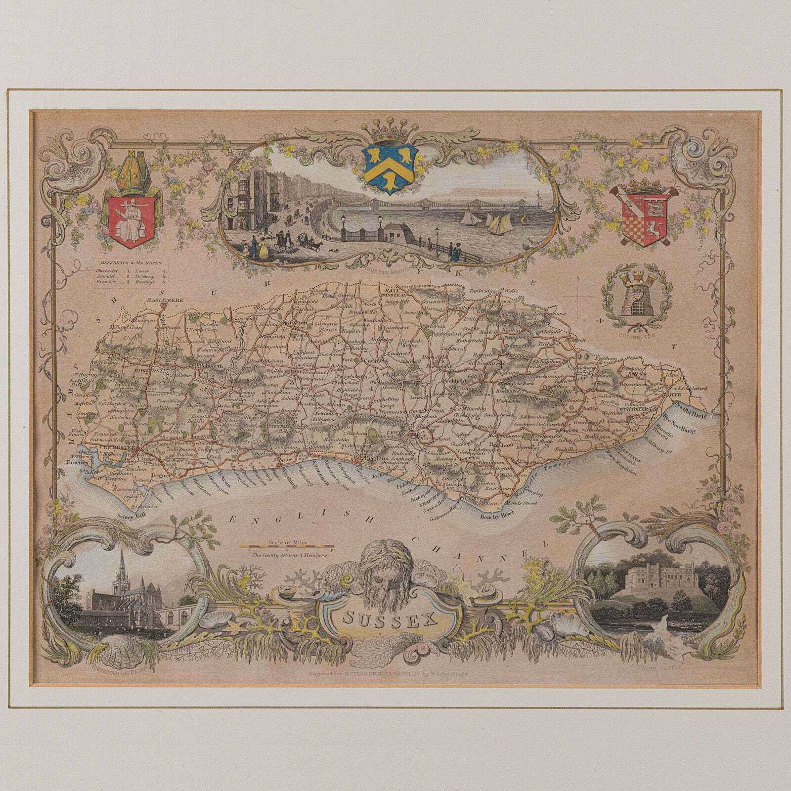 Antique County Map, Sussex, English, Framed Lithography, Cartography, Victorian photo Art