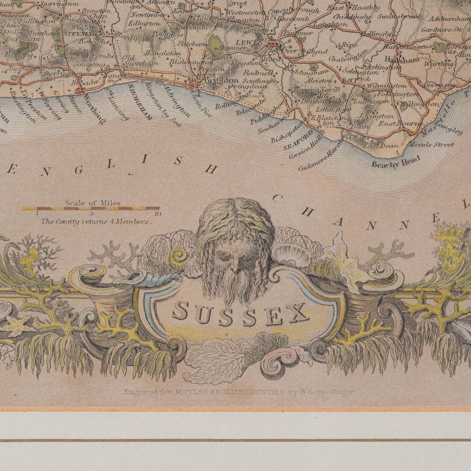 Antique County Map, Sussex, English, Framed Lithography, Cartography, Victorian photo 295.0