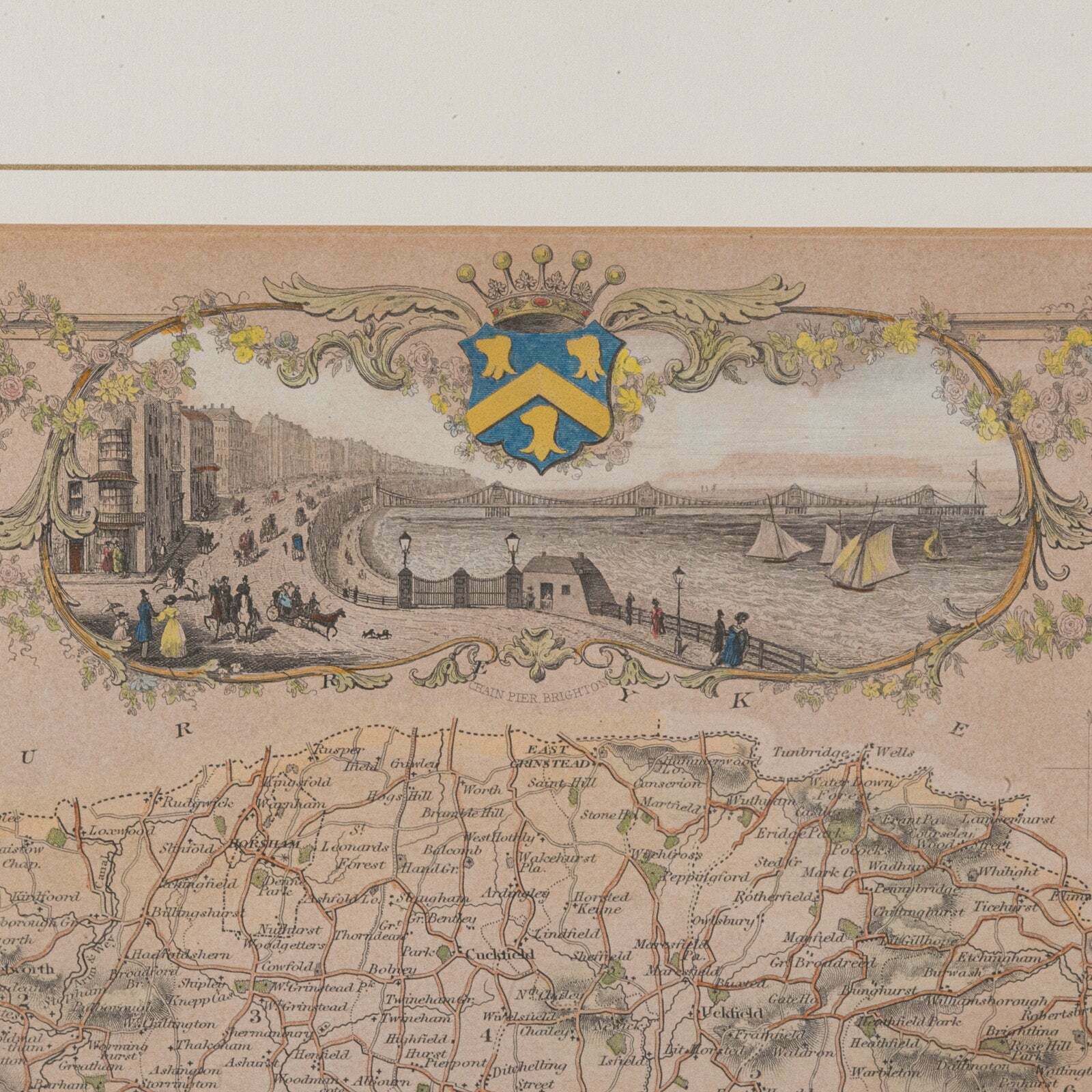 Antique County Map, Sussex, English, Framed Lithography, Cartography, Victorian photo vinterior