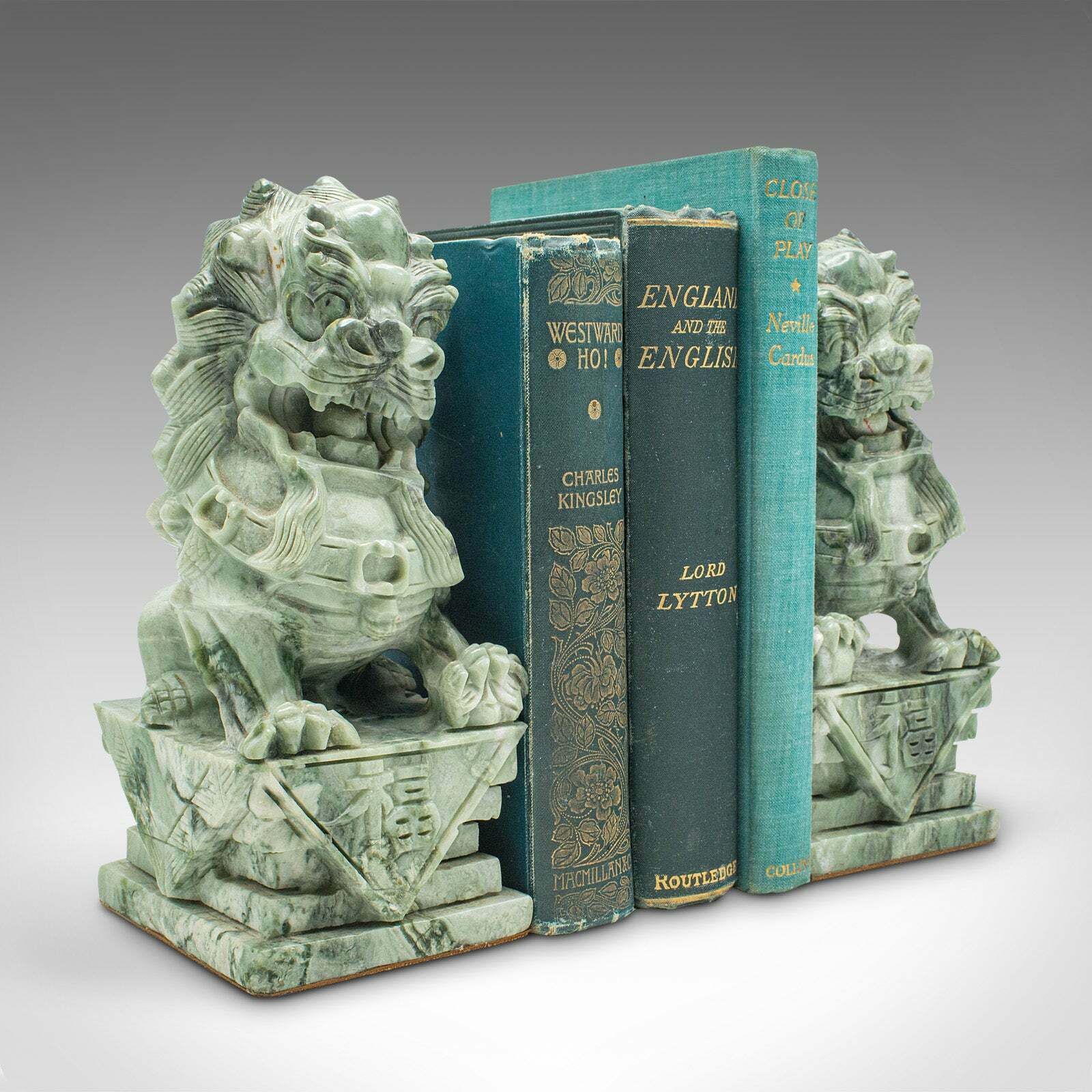 1195.0 Pair Of Antique Oriental Bookends, Chinese, Jade Marble, Dog Of Fo, Victorian photo