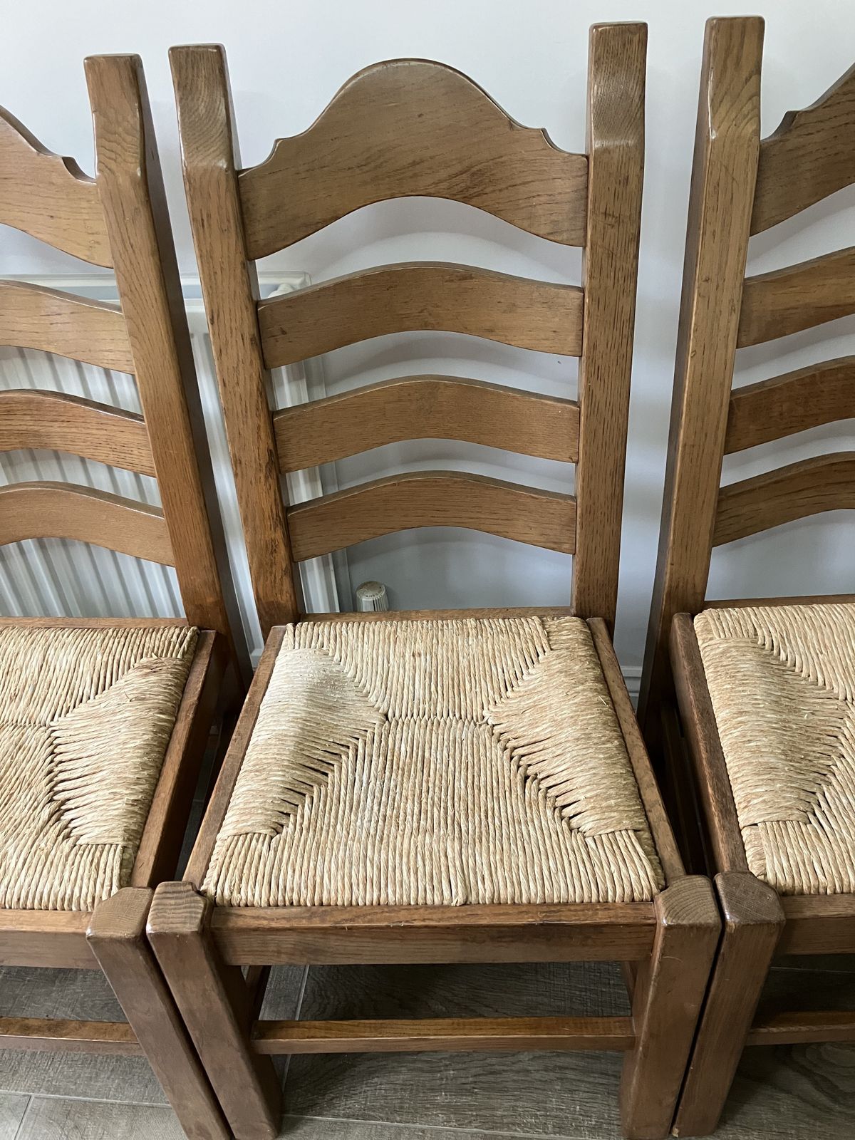 Set Of 6 Vintage Solid Oak French Style Ladder Back Dining Chairs With Rush Seats photo Furniture