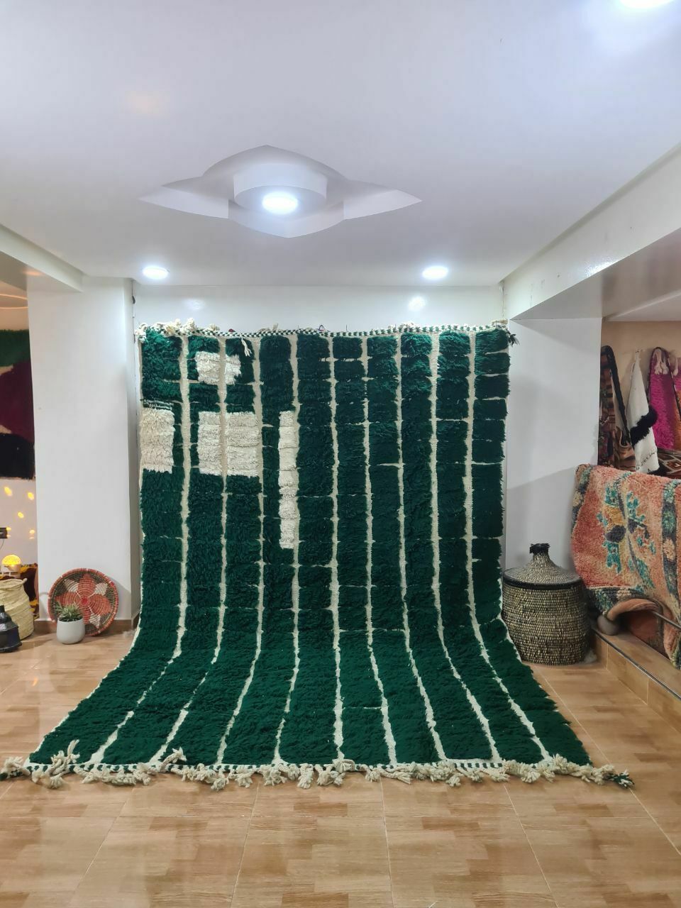 Luxurious Handwoven Green And White Moroccan Beni Ouarain Rug   Authentic Berber Carpet 300x200 Cm