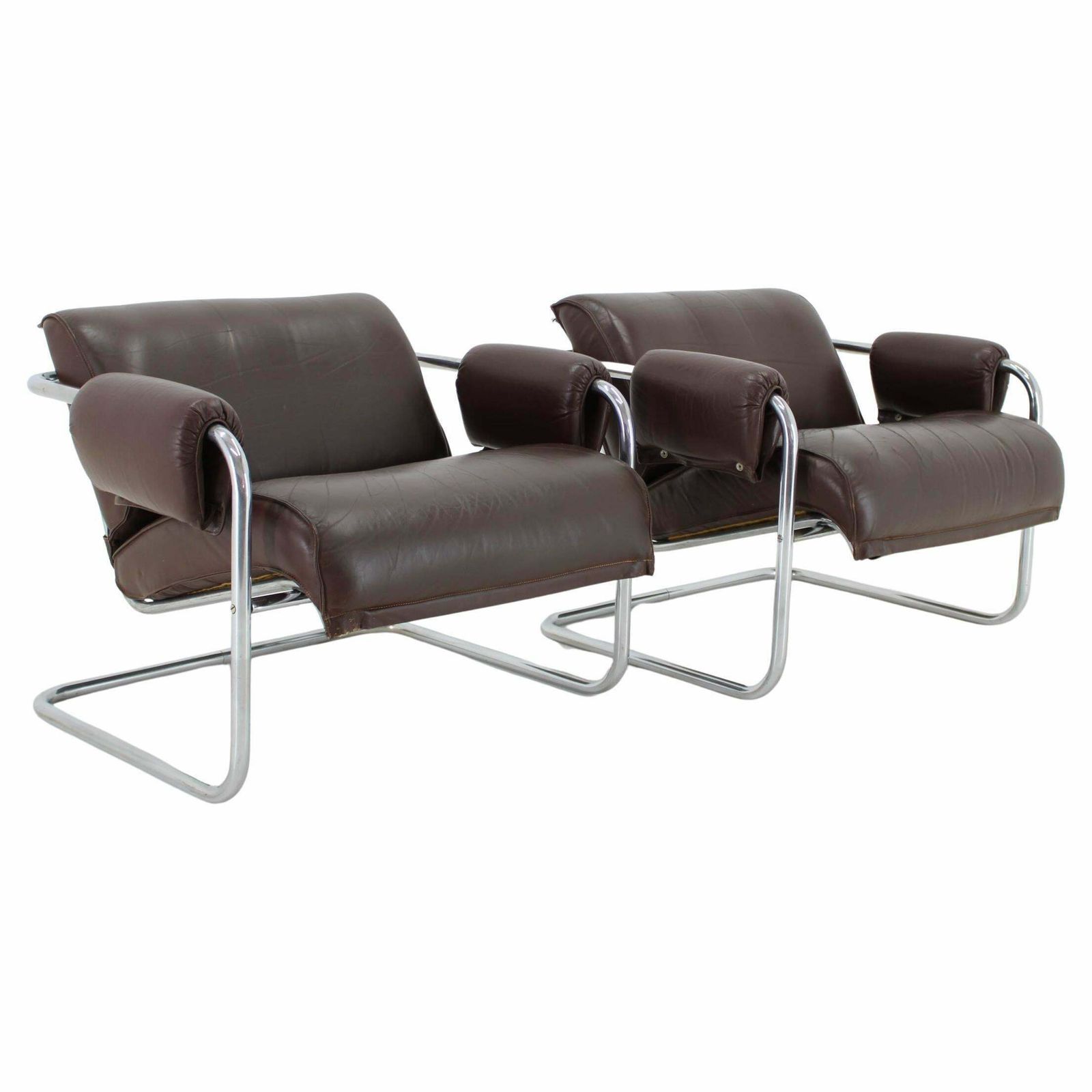 1950s Pair Of Tubular Armchairs In Leather, Czechoslovakia