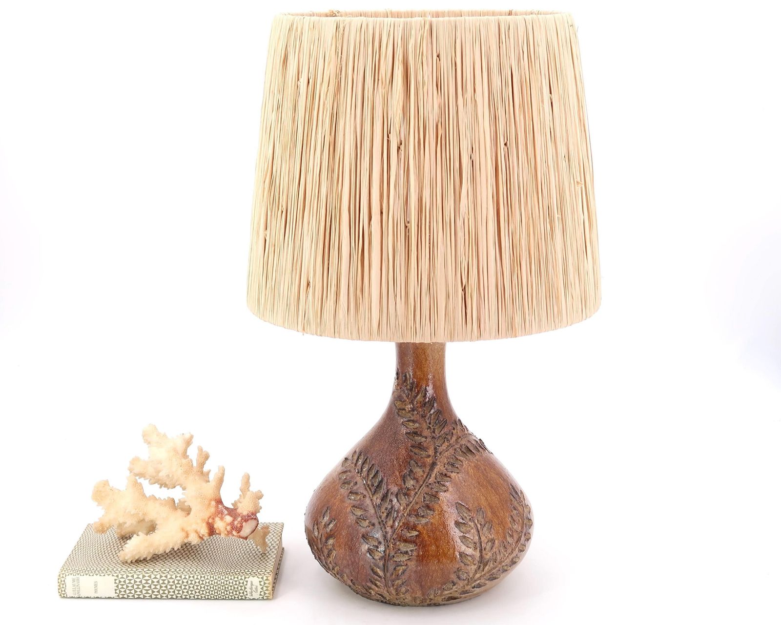 French Ceramic Table Lamp By Sésame Vallauris, Floral Decor, Raffia Lampshade, 1970s / Boho Chic, Folk, Country Decor, Home
