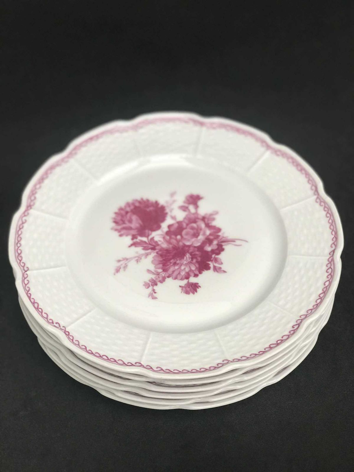 Porselein Limoges Set Van 6 Raynaud & Co Fuchsia Bloemen Roze Romantisch Entremets Salade Dessertborden Wit Frans Vintage Bruiloft Luxe photo furniture