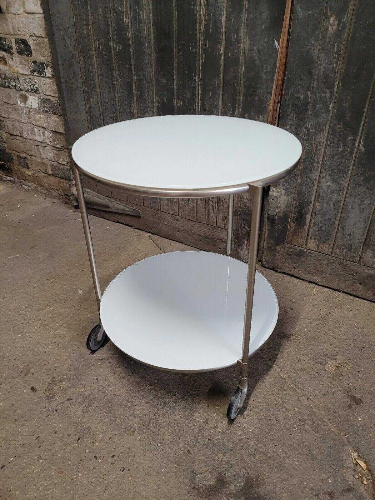 Vintage Ikea Strind White Glass & Metal Rolling Side Table photo vinterior