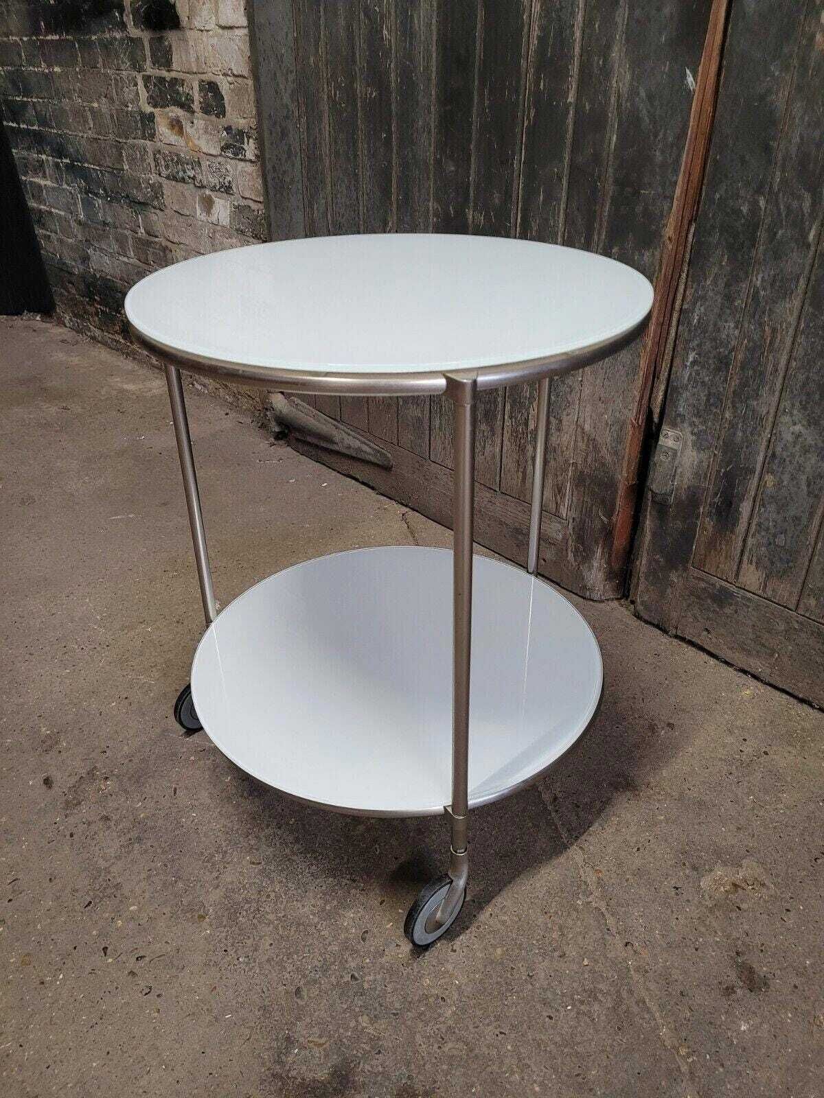 Vintage Ikea Strind White Glass & Metal Rolling Side Table photo buy