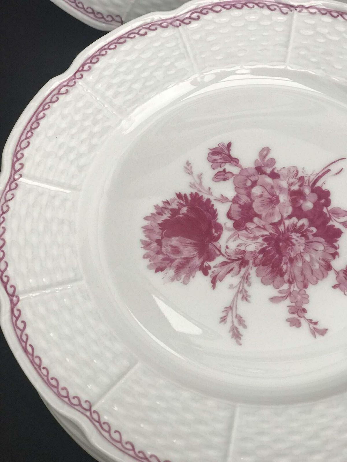 Porcelain Limoges Set 5 Raynaud & Co Fuchsia Flowers Pink Romantic Entremets Salad Dessert Plates White French Vintage Wedding Luxury photo vinterior
