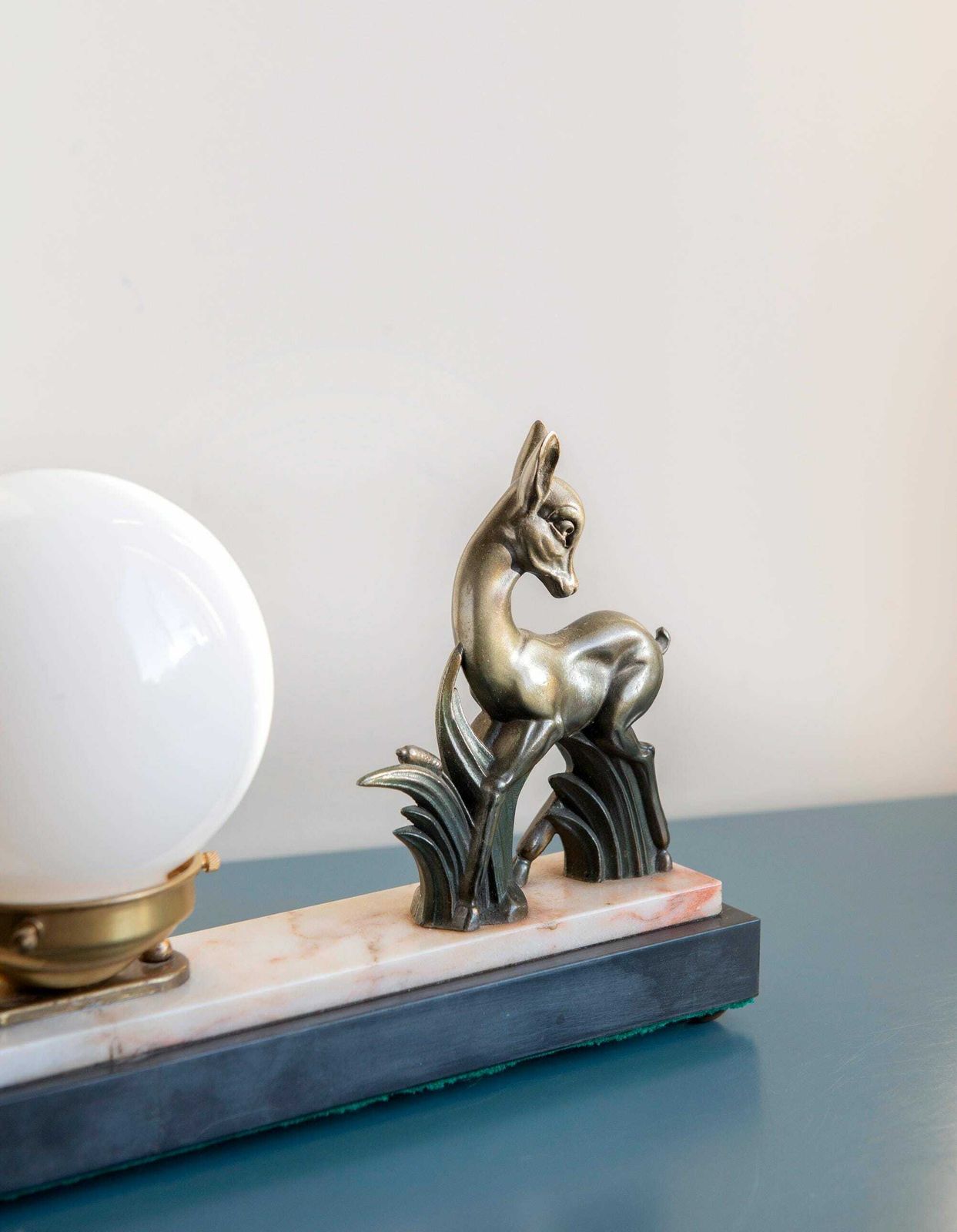 Art Deco Copper Deer Lamp, Marble Base, French Milk Glass Globe Lamp, Decorative Antique Table Lamp, 1930s photo 245.0