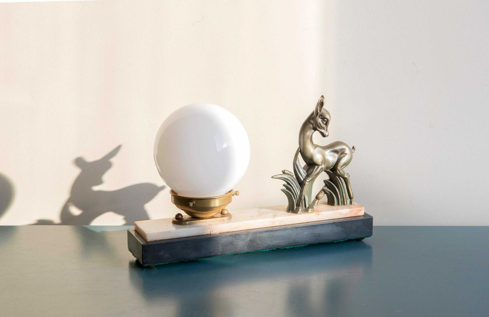 Art Deco Copper Deer Lamp, Marble Base, French Milk Glass Globe Lamp, Decorative Antique Table Lamp, 1930s photo vinterior