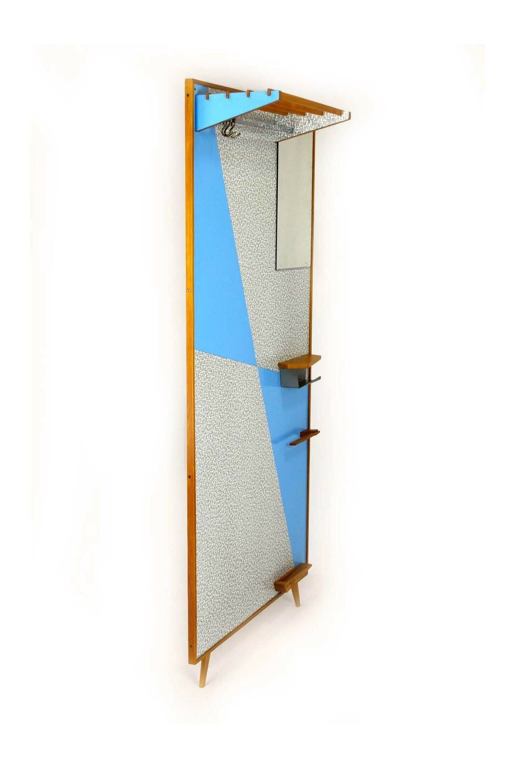 Restored Vintage Blue & Grey Geometric Coat Rack From Drevokov Blatna, 1972 photo vinterior