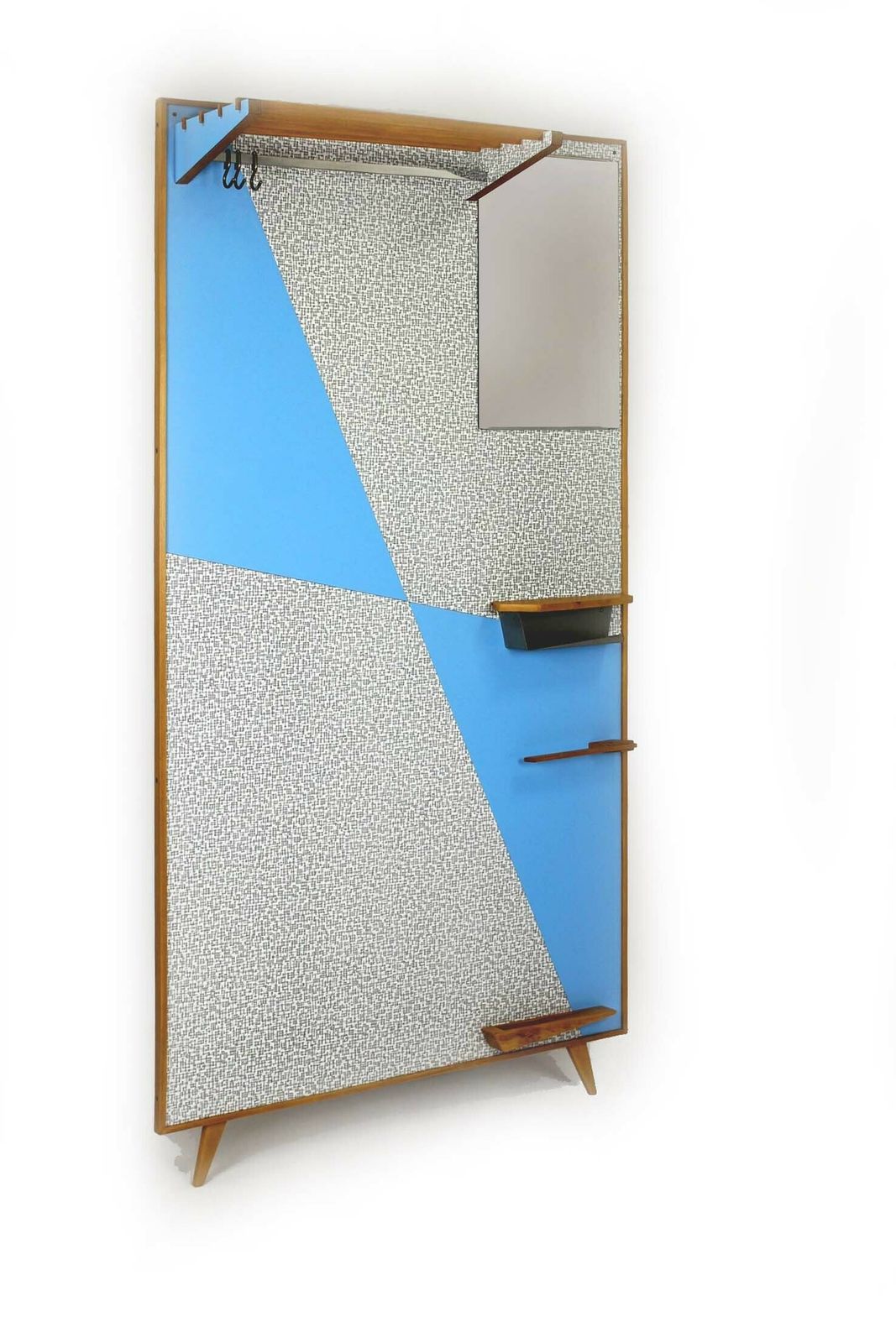photo vinterior Restored Vintage Blue & Grey Geometric Coat Rack From Drevokov Blatna, 1972