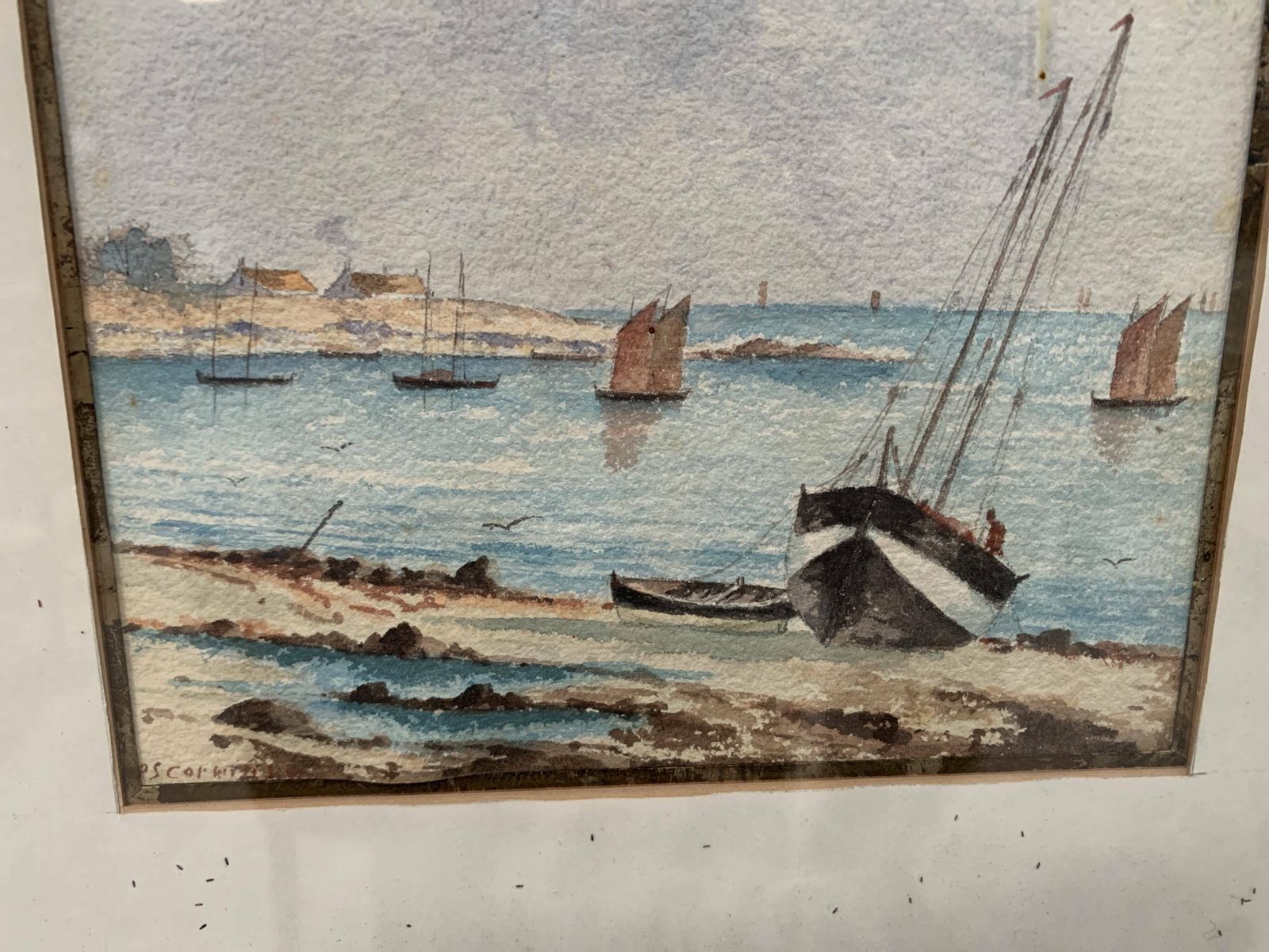 Marine Watercolor "Sailboat At Sea And Stranded On The Beach" 20th Century photo vintage