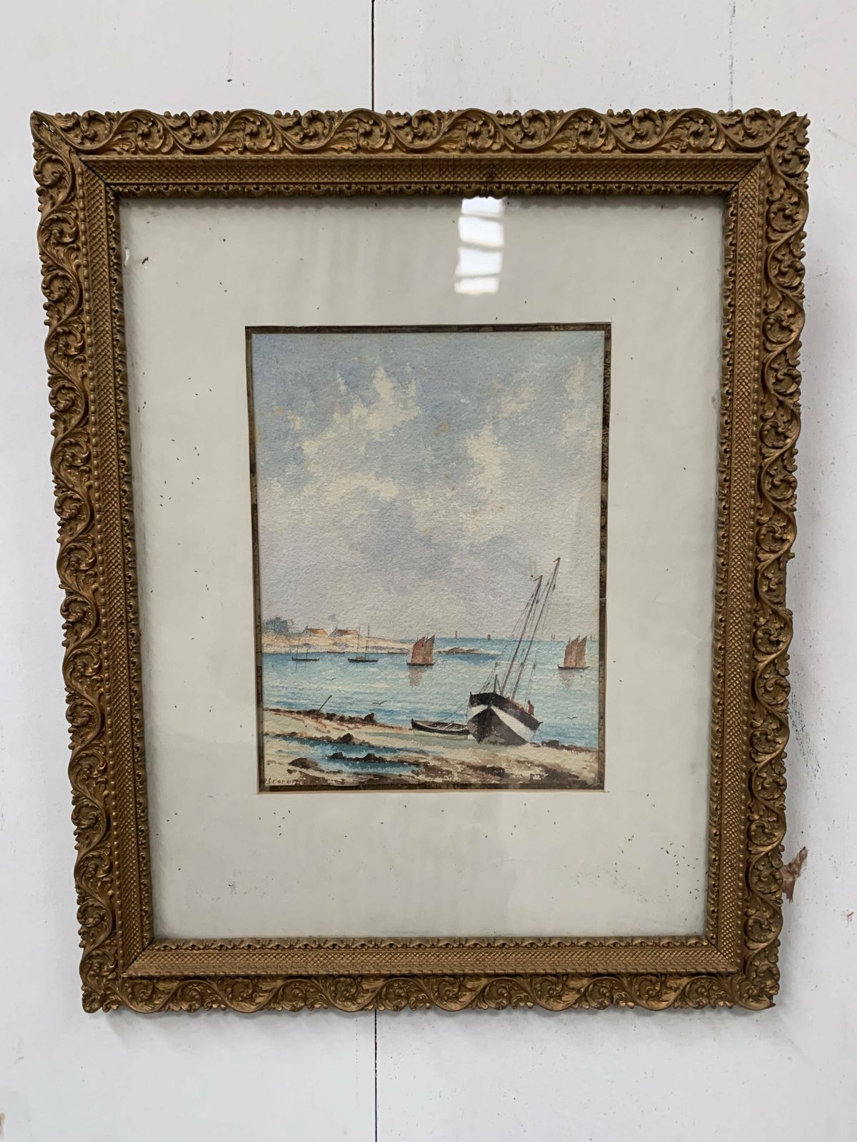 photo for sale Marine Watercolor "Sailboat At Sea And Stranded On The Beach" 20th Century