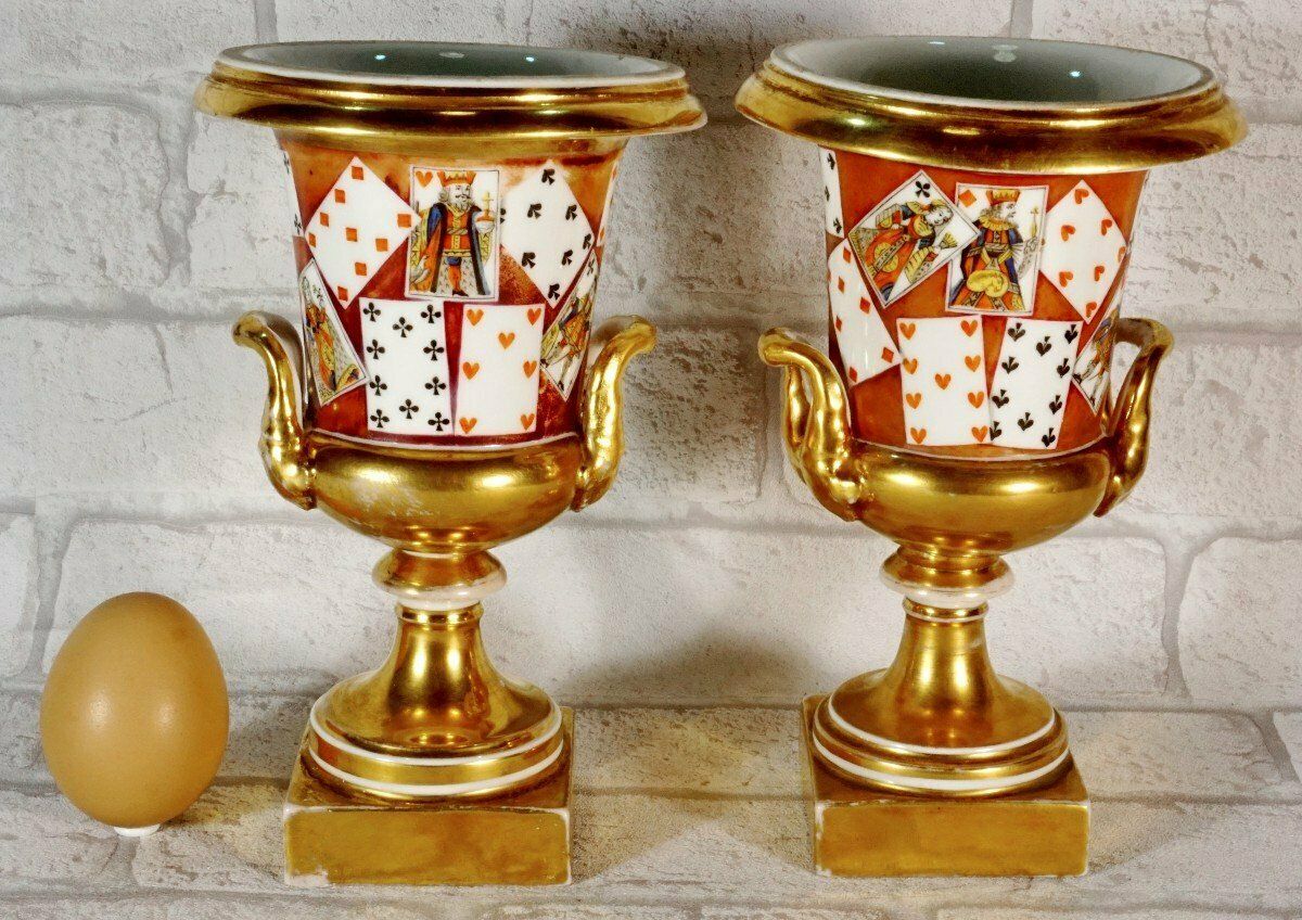 Rare Pair Of Medici Vases In Paris Porcelain With Playing Card Decor   Early 19th Century photo vintage