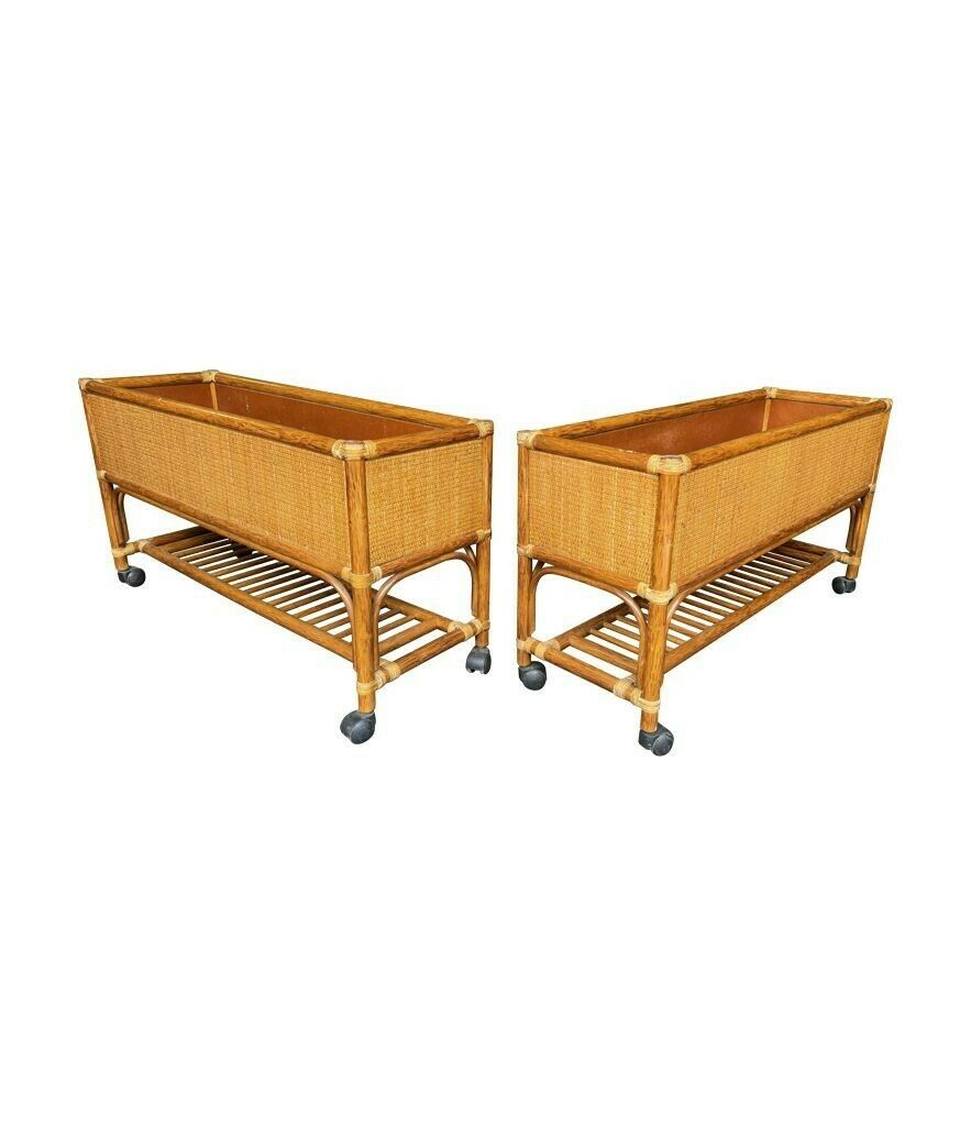 A Pair Of Italian 1970s Bamboo And Rattan Planters On Castors