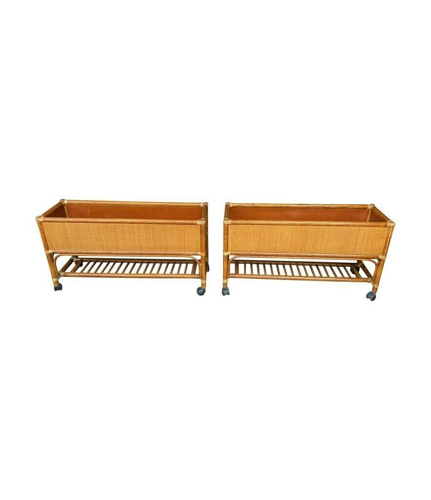 A Pair Of Italian 1970s Bamboo And Rattan Planters On Castors photo vinterior