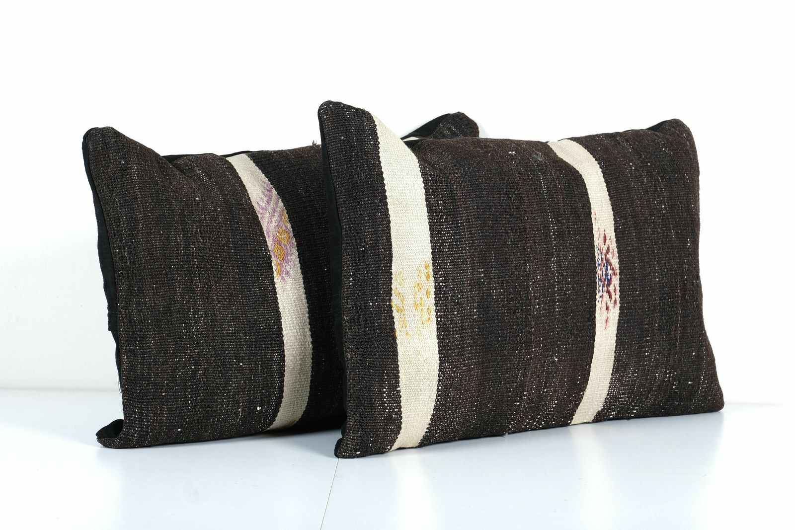 Striped Pillow Cases Fashioned Out Of A Mid 20th Century Anatolian Kilim, Set Of Two Lumbar Turkish Kilim Pillow Cover photo 85.0