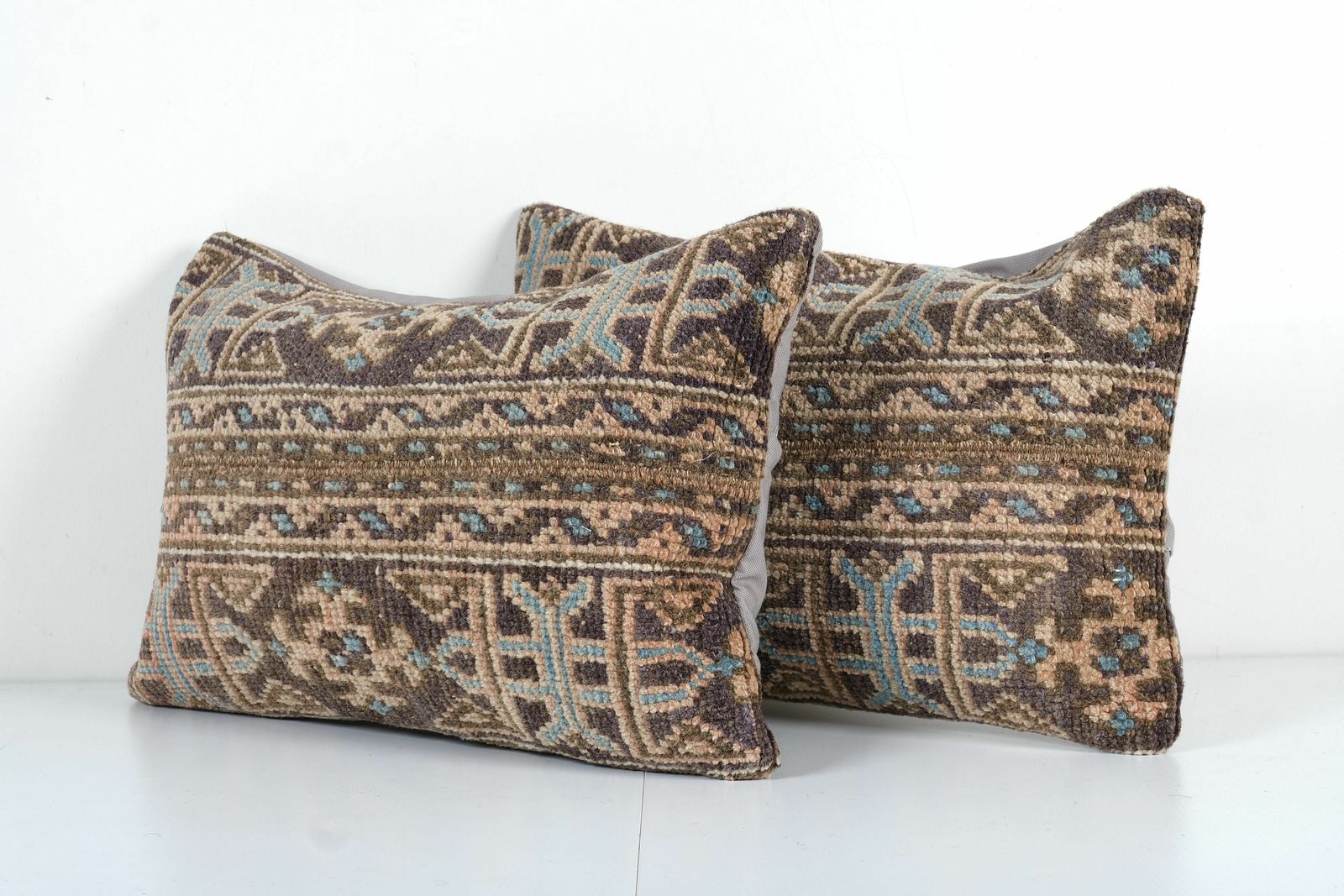 Set Of Two Turkish Oushak Rug Pillow Cover, Matching Dark Brown Boho Woven Pillow Cover, Faded Wool Carpet Lumbar photo furniture