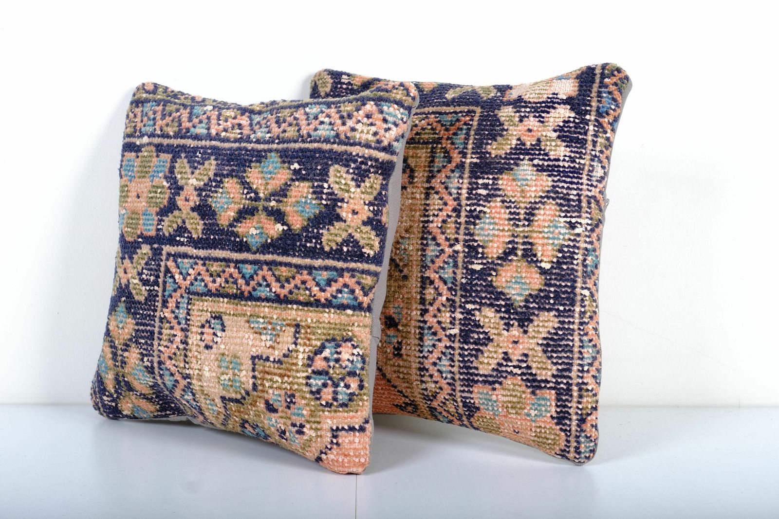 Bohemian Navy Blue And Olive Rug Pillow Cover, Set Of Two Wool Turkish Carpet Pillow With Mid Century Design photo for sale