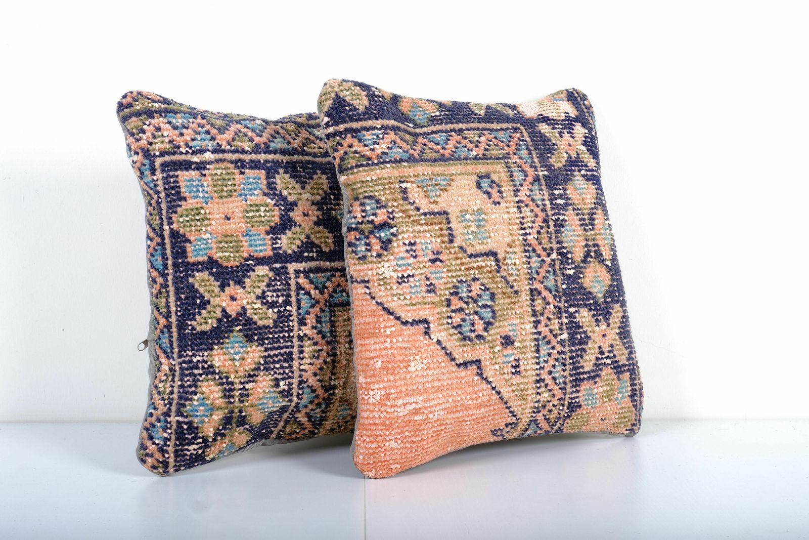 Bohemian Navy Blue And Olive Rug Pillow Cover, Set Of Two Wool Turkish Carpet Pillow With Mid Century Design photo Textiles