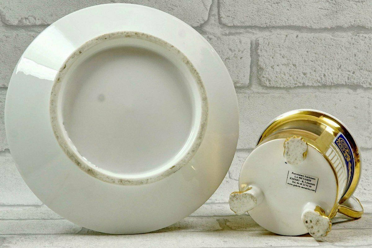photo for sale Large Tripod Chocolate Cup And Saucer In Paris Porcelain   Early 19th Century