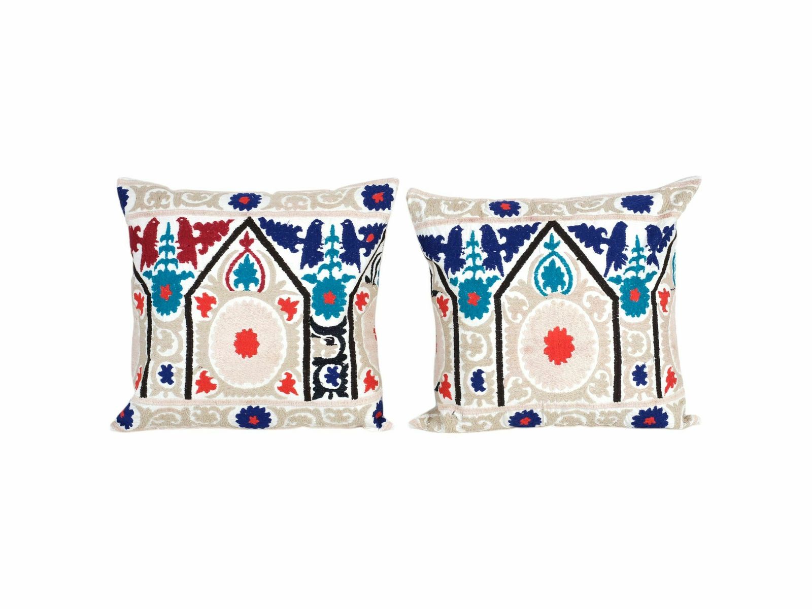 Square Exquisite White Washed Neutral Beige Terrific Art Accent Pillow Cover,  Blue Animal Suzani Cushion Cover photo furniture