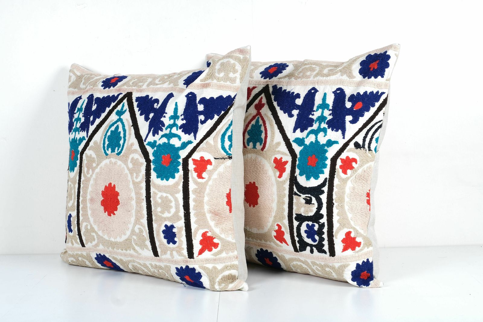 Square Exquisite White Washed Neutral Beige Terrific Art Accent Pillow Cover,  Blue Animal Suzani Cushion Cover photo 150.0