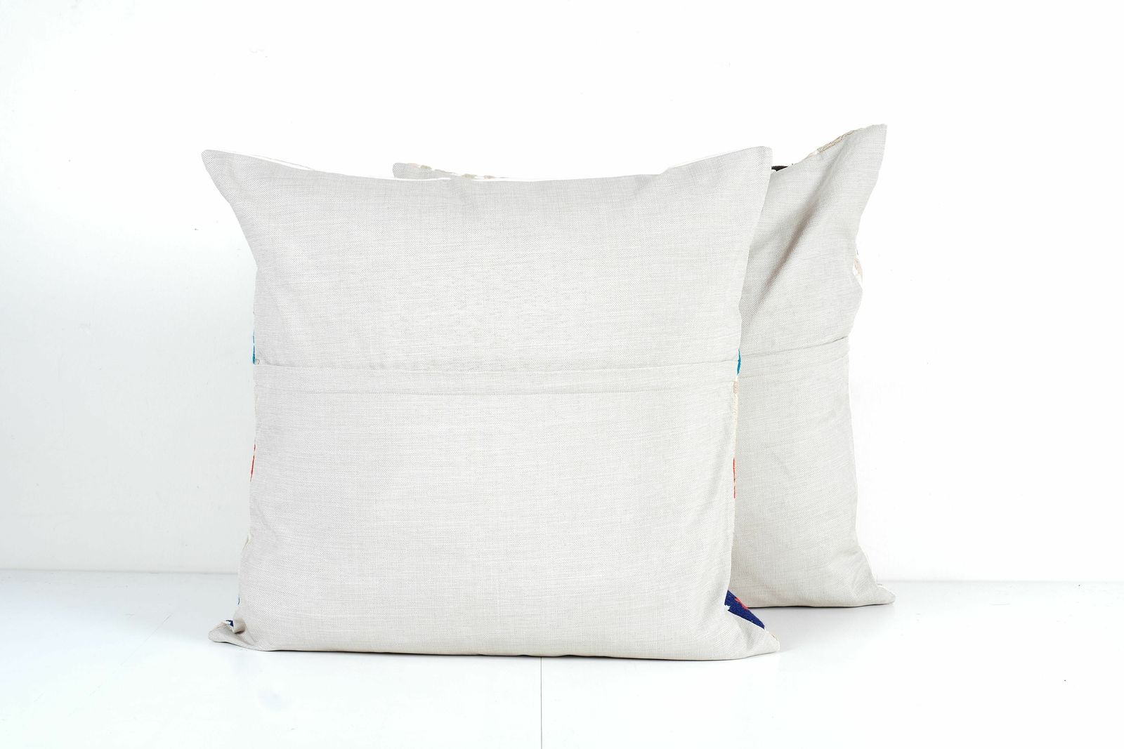Square Exquisite White Washed Neutral Beige Terrific Art Accent Pillow Cover,  Blue Animal Suzani Cushion Cover photo vinterior
